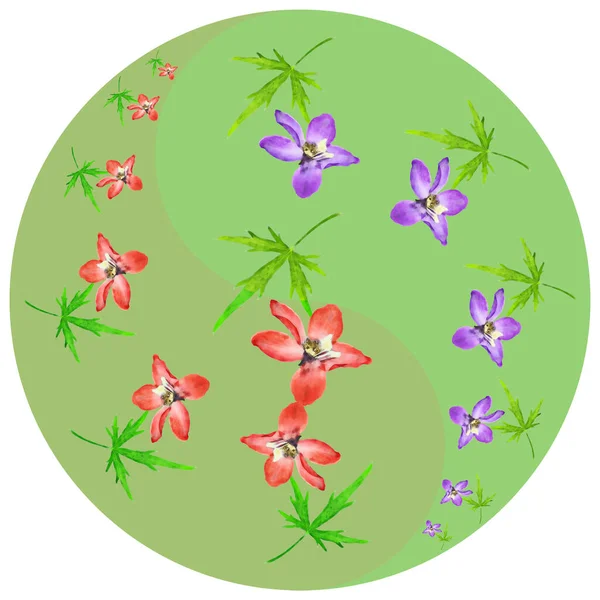 Floral symbol Yin-Yang. Delphinium, larkspur. Geometric pattern of Yin-Yang symbol, on colored background in oriental style. Yin Yang symbol from flowers, petals. Flower illustration of mandala.