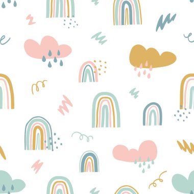 Elle çizilmiş gökkuşağı ve çocuklar için bulutlu kusursuz vektör deseni. Kumaş, duvar kağıdı, giysi için İskandinav tarzında yaratıcı evrensel şirin bir arka plan..