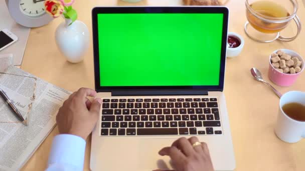 Geschäftsmann mit Laptop-Green-Screen-Attrappe — Stockvideo