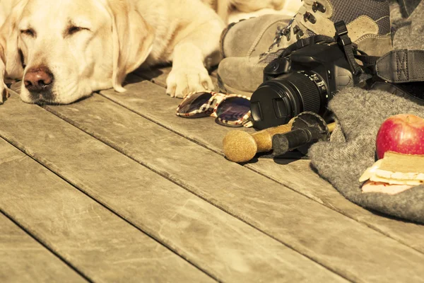 Hiking accessories on wood — Stock Photo, Image