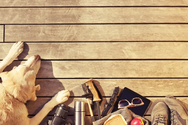 Hiking accessories on wood — Stock Photo, Image