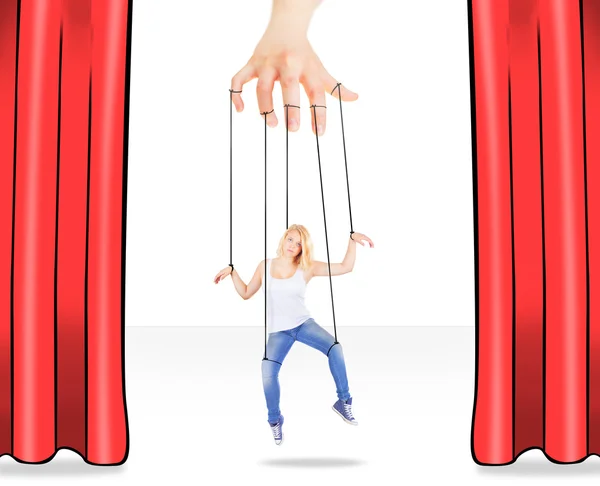 Girl being held by strings as a marionette — Stock Photo, Image