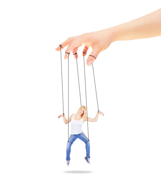 Menina sendo realizada por cordas como uma marionete — Fotografia de Stock
