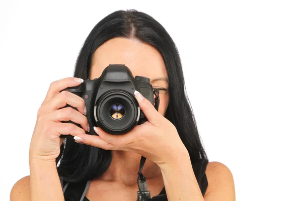 European tourist Girl photographing on white backgound — Stock Photo, Image