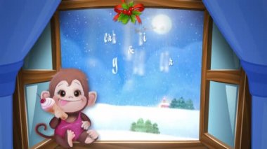 Karlı gün Noel ve yeni yıl. Noel Maymunu