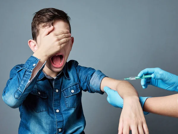 Year Old Boy Crying While Being Vaccinated Isolated Gray Background — Stock Photo, Image