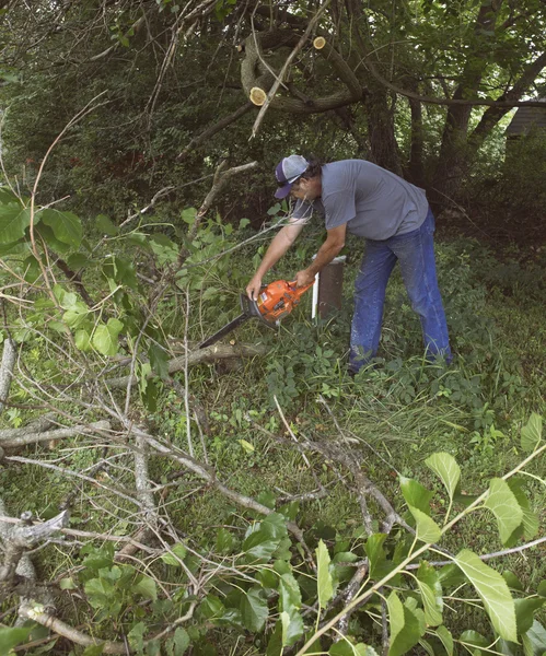 Adam ağaç dalları testere ile kesme — Stok fotoğraf