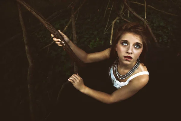 Young Woman Lost Dark Woods Wearing Necklace White Blouse Fotografias De Stock Royalty-Free