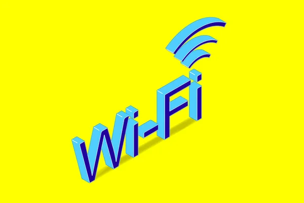 Kablosuz ağ sembolü ve wifi metin, sarı arkaplanda basit izometrik resim.