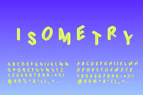 Açık gölgeli sarı rengin iki çeşidinde Isometric 3d yazı tipi, rakamlar ve sembollerle alfabe.