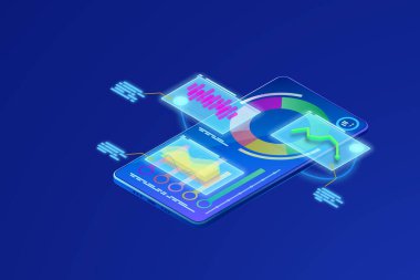 Çevrimiçi istatistik ve veri analizi, menkul kıymetler piyasasında ticaret, izleme ve hesaplama için bilgi grafikleri, akıllı telefon uygulaması, izometrik illüstrasyon