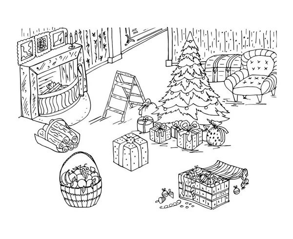 Christmas coloring book with fireplace, toys, Christmas tree, holiday decorations — Stock Vector