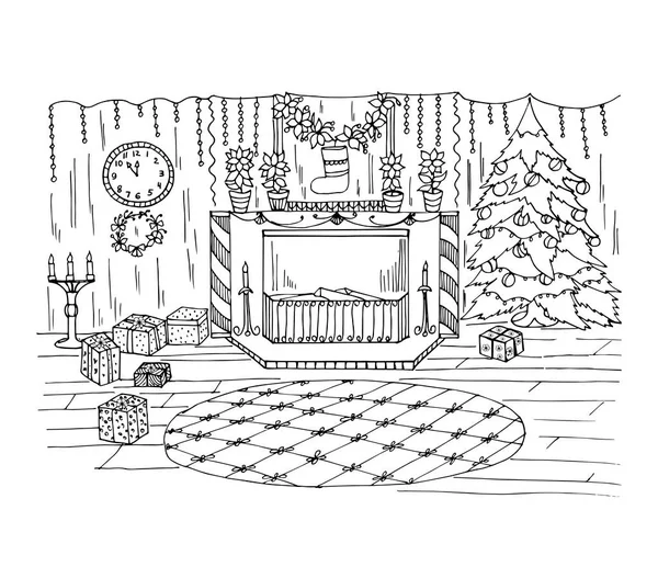 Libro para colorear con decoraciones de Navidad en una habitación con chimenea, un árbol de Navidad con juguetes, relojes, regalos, candelabros, velas. — Archivo Imágenes Vectoriales