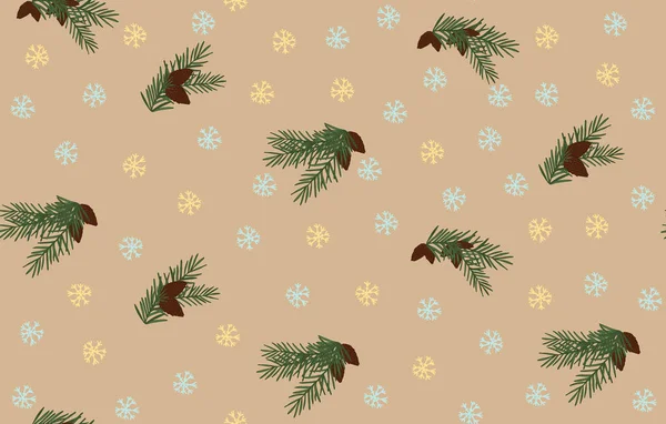 Pembe arka planda yeşil Noel ağacı dalları, koniler, kar taneleri olan kusursuz bir desen..