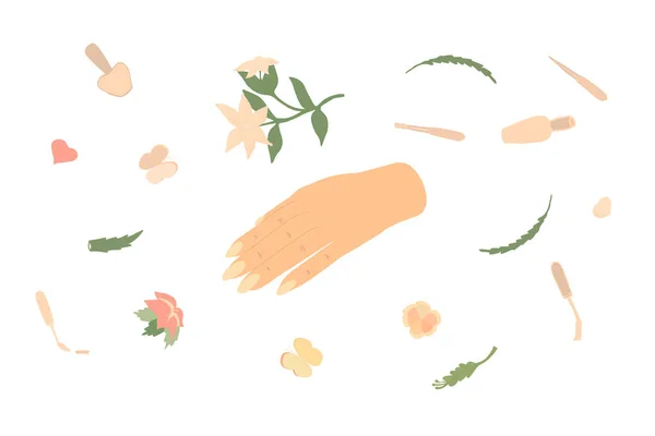 Mano de mujer con un conjunto de manicura para uñas y flores — Vector de stock