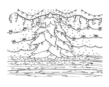 Oyuncak Noel ağacı ve Noel arkaplanı ile süslenmiş boyama kitabı