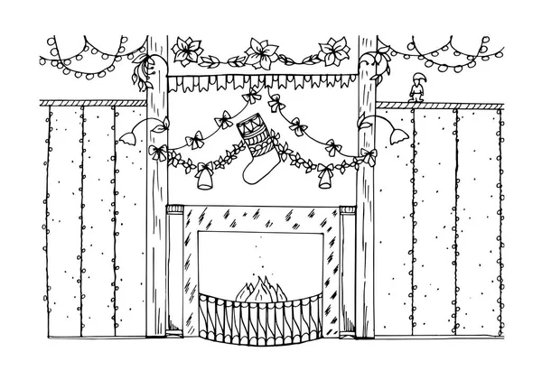 Un libro para colorear con un calcetín de Navidad sobre la chimenea y un diseño festivo — Archivo Imágenes Vectoriales