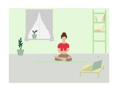 Bir kadın bilgisayardan aldığı video dersiyle evde yoga yapıyor. Antrenörden alınan dersler. Spor yaşam tarzı... vektör illüstrasyonu