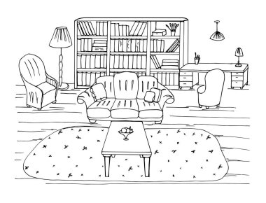 Kitapların asılı olduğu boyama kitabı, ev kütüphanesi, sandalyeler, halı, masa. Konforlu bir iç mekanı olan vektör çizimi. Dekorasyon oyunları posterleri için uygun arka plan.