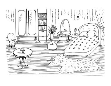 Yatak odası, yatak odası, gardırop, tuvalet masası, masa, lambalar. Samimi bir odası olan vektör çizimi. Yazdırma, kağıt oyunu yaratıcılık gevşemesi için uygundur.