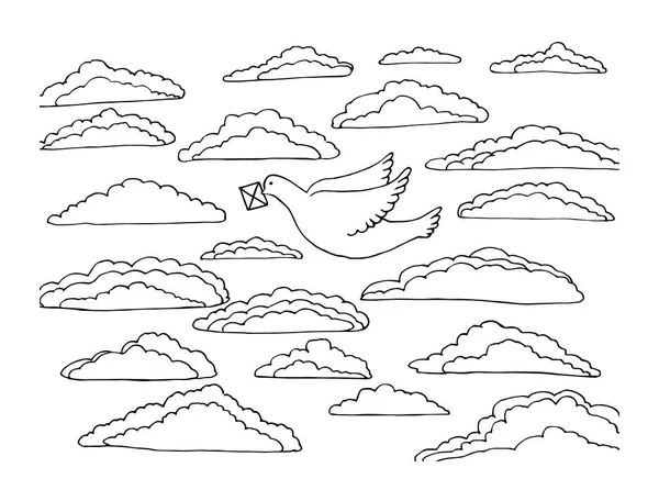 Coloring book with a bird. a white dove flies in the sky with clouds and holds a letter in its beak. — Stock Vector