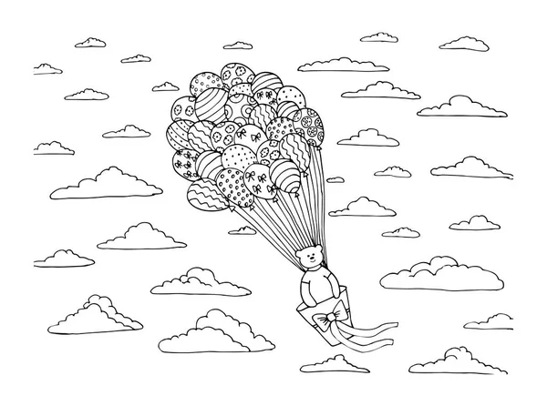 Vektorová ilustrace. Zbarvení kniha s medvídkem létání v balónu v oblacích. — Stockový vektor