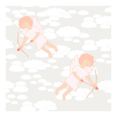 Mavi gökyüzü ve beyaz bulutların arka planında Cupid ile kusursuz vektör deseni.