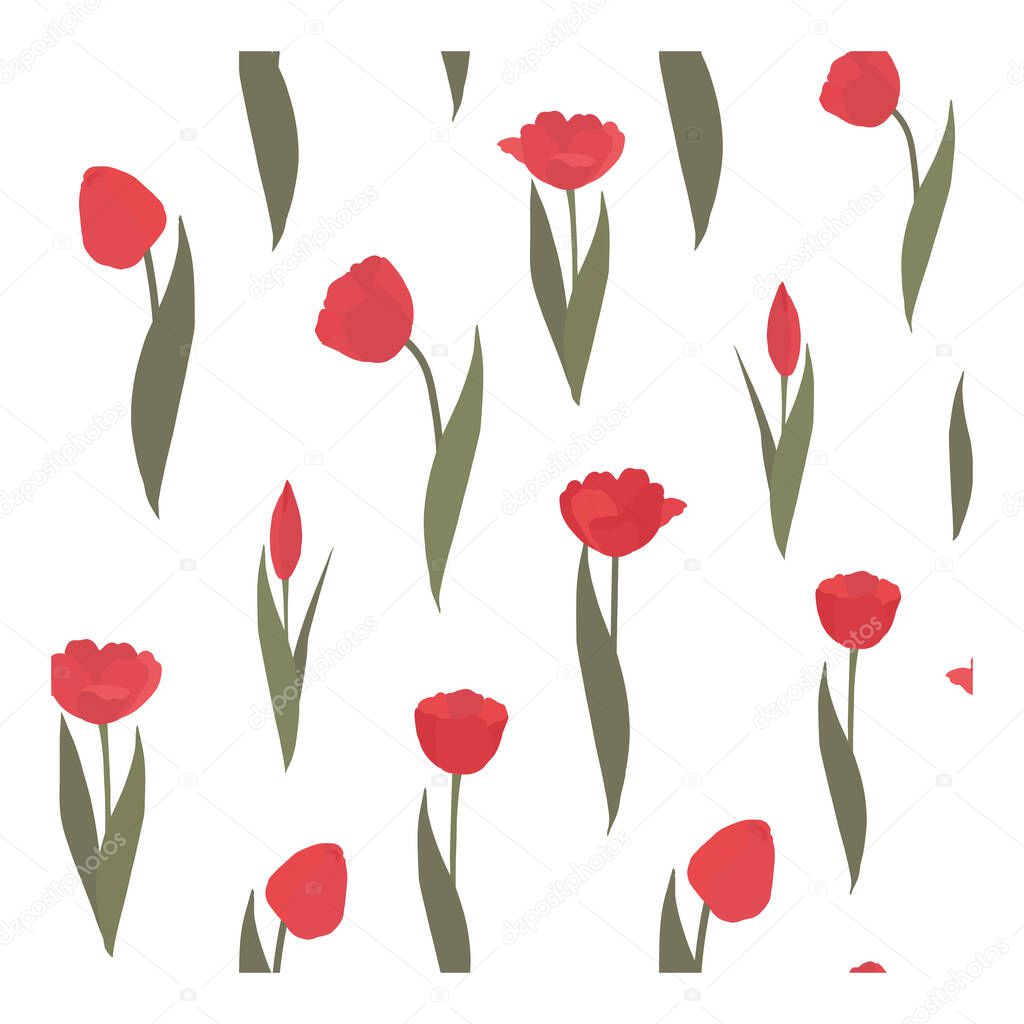 Seamless vector pattern with red tulips on a white background.