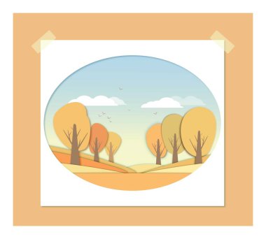 Kartpostal, sonbaharda arka plan, tepe manzarası. Dekorasyon, ağ, tasarım, sayfa için. Kesik kağıt efektli illüstrasyon