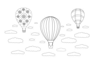 Balon festivali. Stres önleyici boyama kitabı. Balonlu ve bulutlu siyah beyaz vektör çizimi