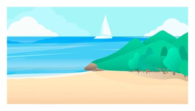 Gökyüzü ve dağların arka planında yelkenli olan bir deniz manzarası. Yaz plajı olan bir arka plan. Bir sayfa, ağ, pankart ya da ekran koruyucu tasarlamak için uygundur