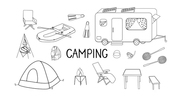 Ensemble Articles Équipements Pour Camping Randonnée Camping Éléments Assortiment Sportif — Image vectorielle