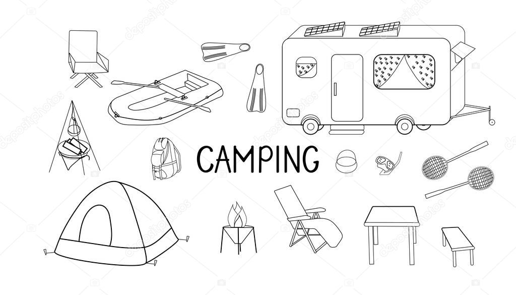 A set of items and equipment for camping, hiking or camping. Elements and sports assortment for hiking and hiking. Black and white vector illustration on a white background