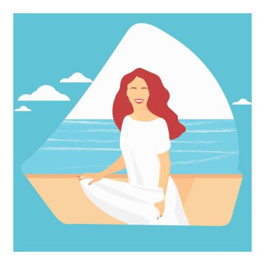 Bir kadın portresi. Denizin arka planında beyaz elbiseli, gevşek saçlı bir kız. Yaz vektörü illüstrasyonu