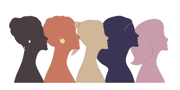 Portraits Five Different Women Standing Side Side Vector Abstract Illustration — Stock Vector