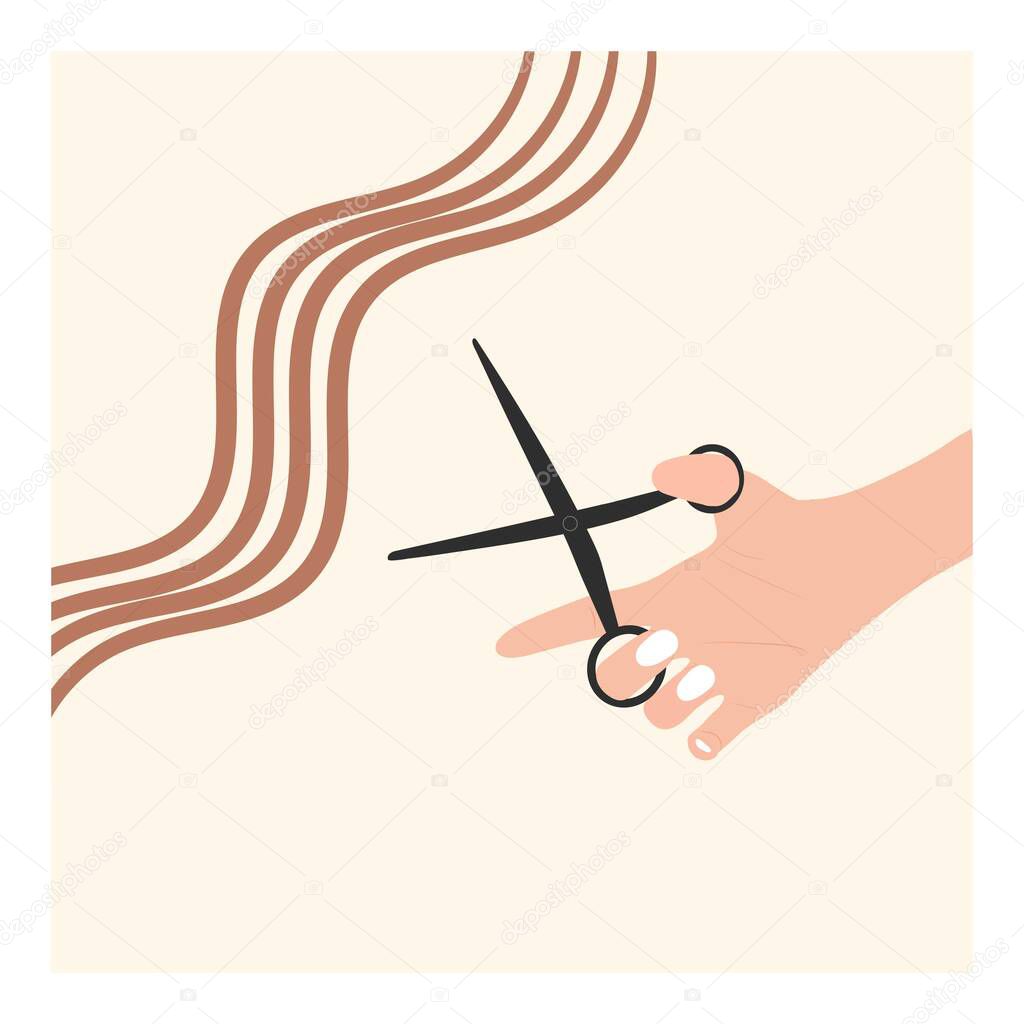 Drawn curls of hair and the hand that holds the hairdressing scissors. Vector illustration.