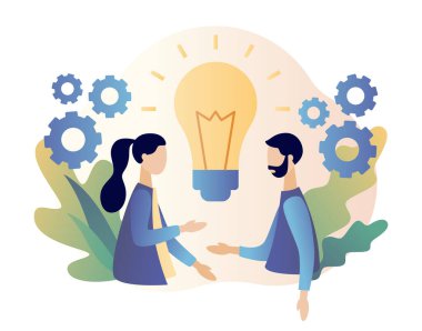 Yaratıcı iş fikri, içerik geliştirme, beyin fırtınası konsepti. Modern düz çizgi film tarzı. Beyaz arkaplanda vektör illüstrasyonu