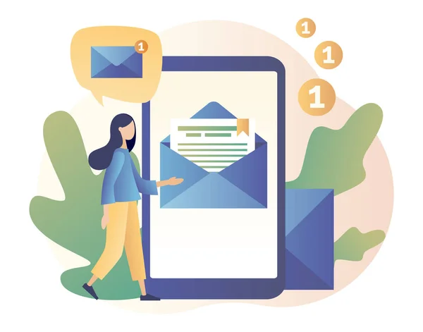 Servizio e-mail, Email marketing. Moderno stile fumetto piatto. Illustrazione vettoriale su sfondo bianco — Vettoriale Stock