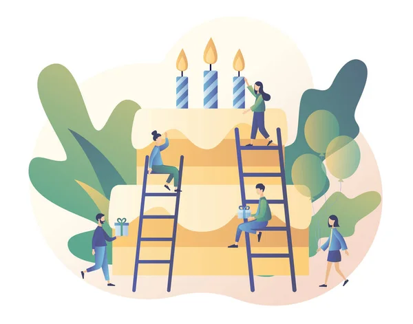 Happy birthday concept. Tiny people prepare birthday cake. Modern flat cartoon style. Vector illustration on white background — Stock Vector