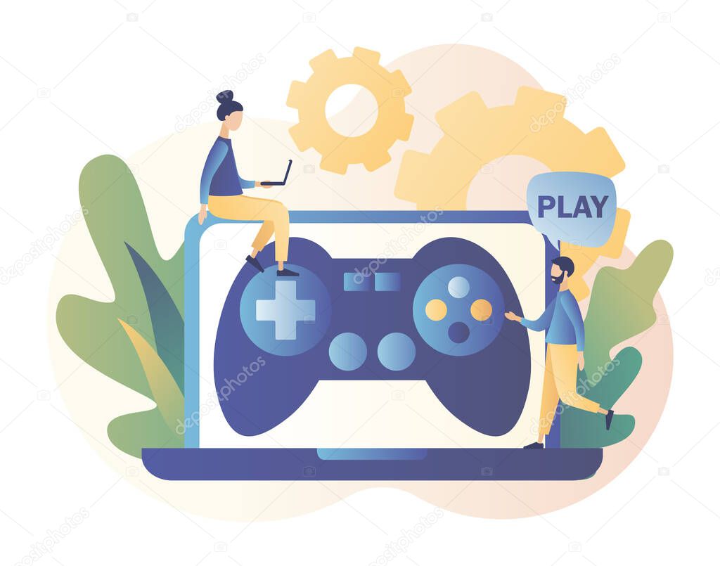 Gaming concept. People gamers playing online video game. Modern flat cartoon style. Vector illustration on white background