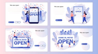 Girin, burası açık. Büyük işaret. Karantinadan sonra tekrar çalışacağız. Yeniden açılıyor. Cep telefonu, iniş sayfası, şablon, ui, web, mobil uygulama, poster, afiş, el ilanı için ekran şablonu. Vektör