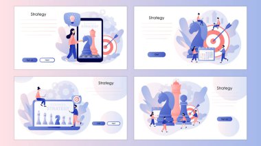 İş stratejisi. Veri analizi, strateji planlaması ve başarılı. Satranç oyunu. Cep telefonu, iniş sayfası, şablon, ui, web, mobil uygulama, poster, afiş, el ilanı için ekran şablonu. Vektör