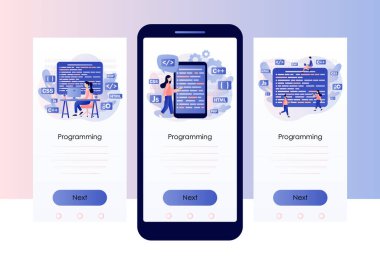 Programlama ve mühendislik gelişimi. Programcı ya da geliştirici kod programlama dili oluşturur. PHP, HTML, C, CSS, Js. Cep telefonu için ekran şablonu. Modern düz çizgi film tarzı. Vektör