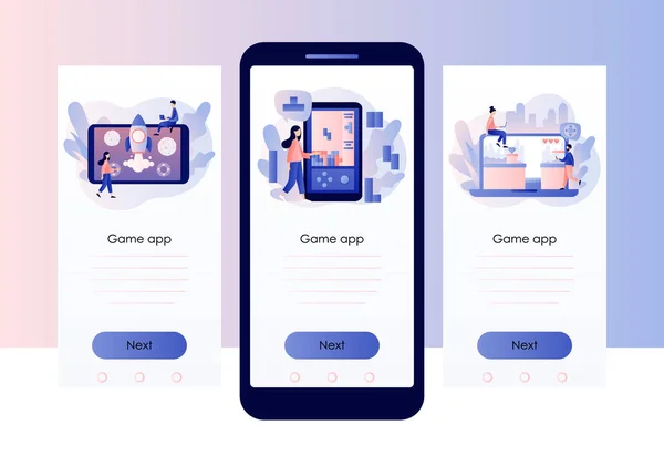 Εφαρμογή ρετρό παιχνιδιού. Μικροσκοπικοί άνθρωποι που παίζουν βιντεοπαιχνίδια, tetris, κλασικό platformer χρησιμοποιώντας laptop, smartphone και tablet. Πρότυπο οθόνης για κινητό έξυπνο τηλέφωνο. Μοντέρνο επίπεδο στυλ κινουμένων σχεδίων. Εικονογράφηση διανύσματος — Διανυσματικό Αρχείο