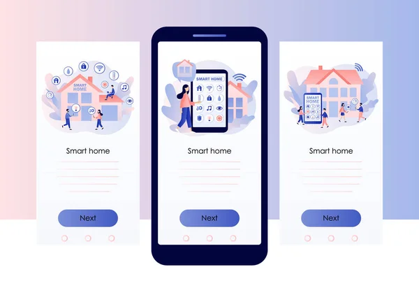 スマートホーム。無線集中制御による自動化、スマートシステム、技術。携帯電話用の画面テンプレート。現代のフラット漫画スタイル。白い背景のベクトルイラスト — ストックベクタ
