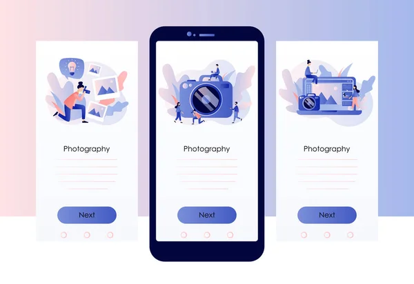 Fotografiekonzept. Fotografieworkshop, Bearbeitungsworkshop, Konzept zur Erstellung von Fotomappen. Bildschirmvorlage für Mobiltelefone. Moderner flacher Cartoon-Stil. Vektorillustration — Stockvektor