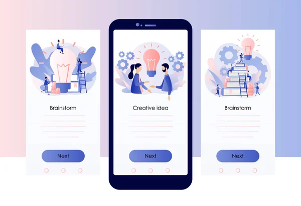Idea imprenditoriale creativa, sviluppo di contenuti, concetto di brainstorming. Modello di schermo per smartphone mobile. Moderno stile fumetto piatto. Illustrazione vettoriale — Vettoriale Stock