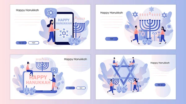 Mutlu Hanukkah. Küçük insanlarla geleneksel Yahudi bayramı. Cep telefonu, iniş sayfası, şablon, ui, web, mobil uygulama, poster, afiş, el ilanı için ekran şablonu. Beyaz üzerine vektör illüstrasyonu