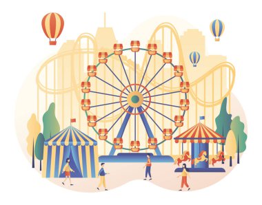 Eğlence parkı konsepti. Atlıkarıncalı küçük insanlar, lunapark treni, balon, sirk, eğlence fuarı ve karnaval. Modern düz çizgi film tarzı. Vektör illüstrasyonu