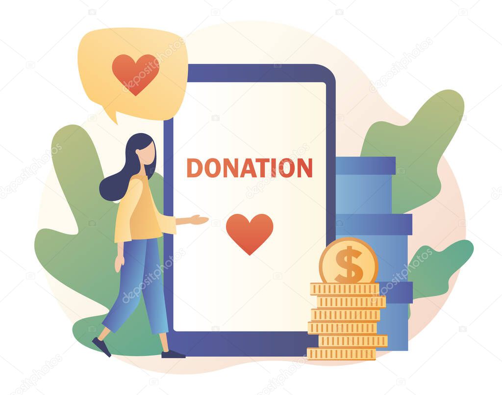 Donation and volunteers work concept. Girl help charity and sharing hope. Modern flat cartoon style. Vector illustration